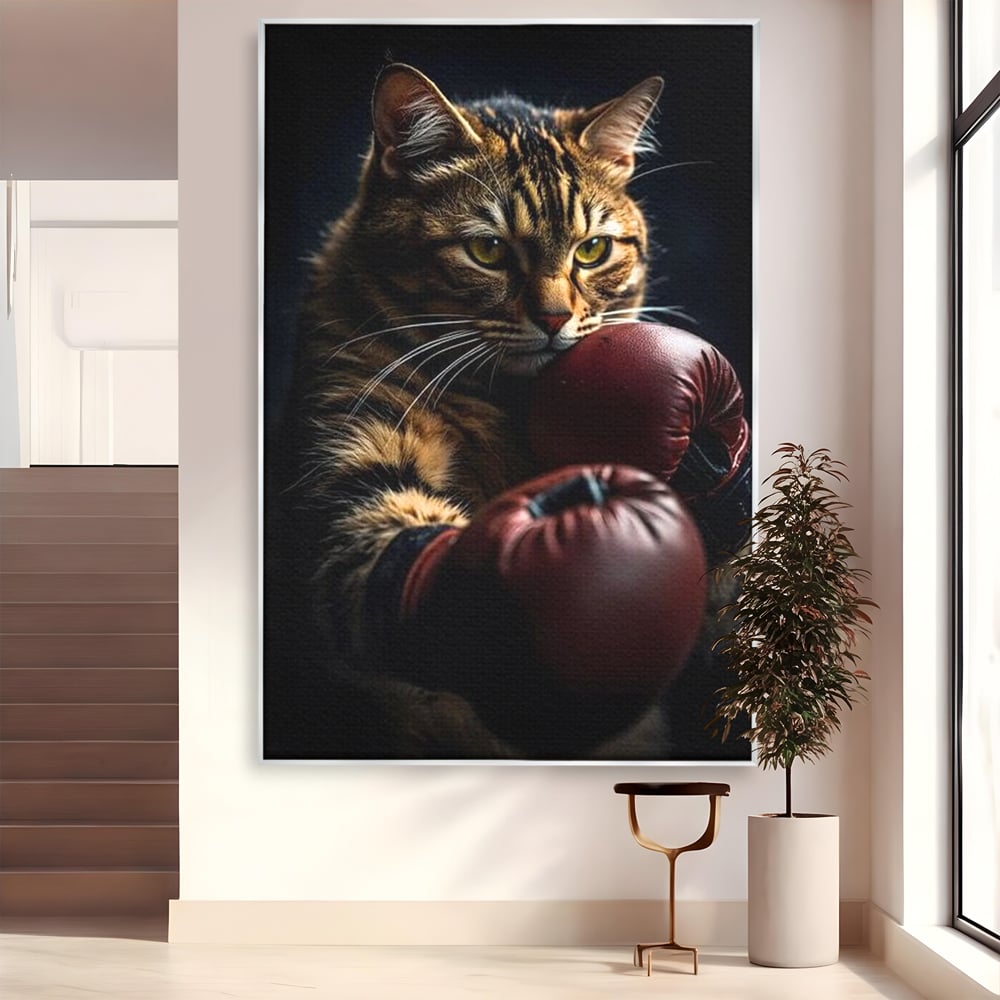 Tablou canvas cu tablou canvas cu motan boxer, in rama de aluminiu argintiu